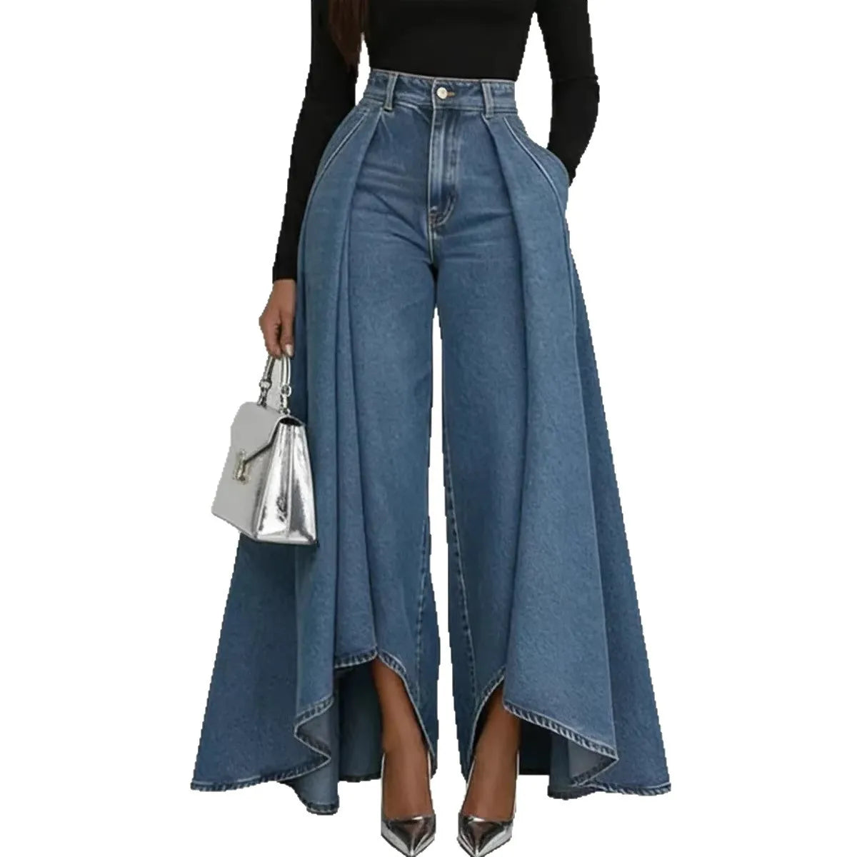 Fashion High Rise Denim Culottes Jeans Side Drape Oversized Wide Leg Pants Loose Fit Casual Street Trousers