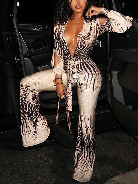 Kliou Stripe Patchwork Flared Jumpsuit Woman Deep V-Neck Hollow Off Shoulder Full Sleeve High Street Sexy Fashion Style Overalls