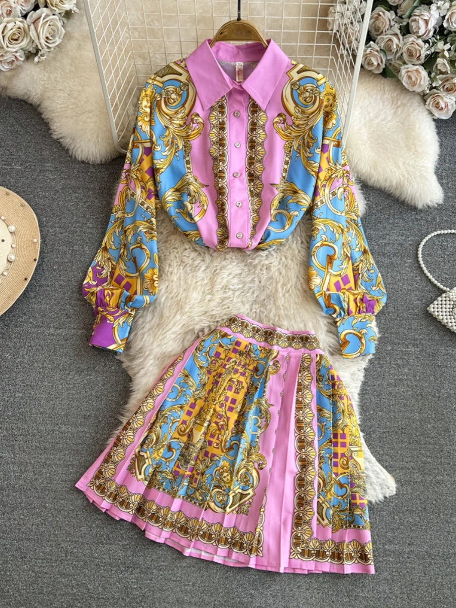Spring Summer Vintage Short Skirt Two Piece Set for Women Fashion High Waist and Shirts Top 2 Piece Sets Pleated Skirts Outfits
