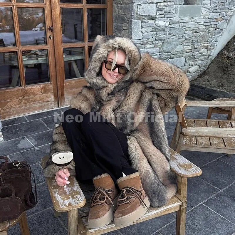 Neo Mint Vintage Luxury Fashion Hooded Faux Fur Coat Women 2025 Winter Slavic Style Girl Striped Fox Fur Jacket Long Overcoat