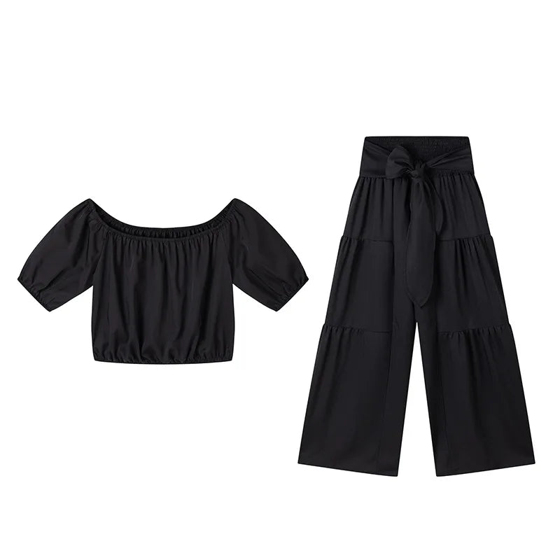 Fashion Puff Sleeve Short Top Sets Ladyelegant O Neck Tops+High Waist Lace-up Wide Leg Pants 2 Pieces Set For Woman Holiday New