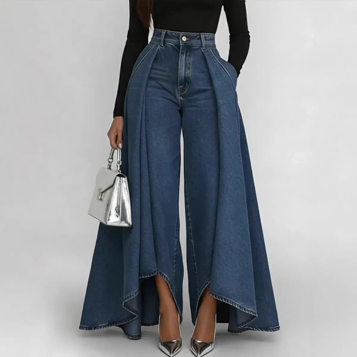Fashion High Rise Denim Culottes Jeans Side Drape Oversized Wide Leg Pants Loose Fit Casual Street Trousers
