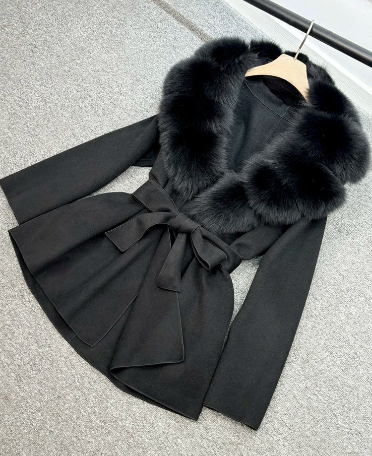 Janveny Wool Coat Women 2025 New Winter Autumn Cashmere Coats Luxury Real Fox Fur Collar Ladies Elegant Belt Design Outwear