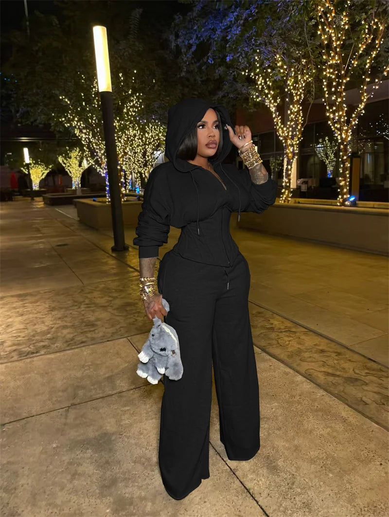Streetwear Casual Tracksuit Woman 2 Piece Sets Sporty Zipper Hooded Lace-up Bandage Corset Jacket and Sweatpants Matching Set