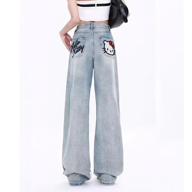 Streetwear Hello Kitty Wide Leg Pants Y2K Sanrio Jeans Women Vintage Blue Casual Loose Straight Trousers Cartoon Fashion Pants