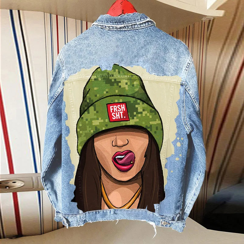 Women's Clothing 2024 Autumn New Hot Street Fashion INS Net Red Personality Sweet Love Girl Print Lapel Denim Jacket
