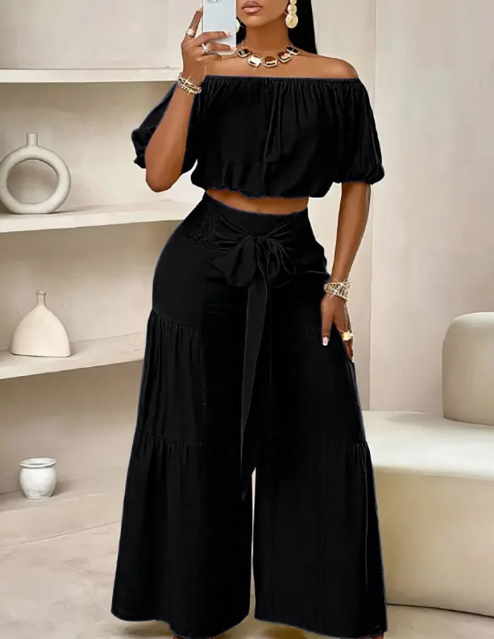 Fashion Puff Sleeve Short Top Sets Ladyelegant O Neck Tops+High Waist Lace-up Wide Leg Pants 2 Pieces Set For Woman Holiday New