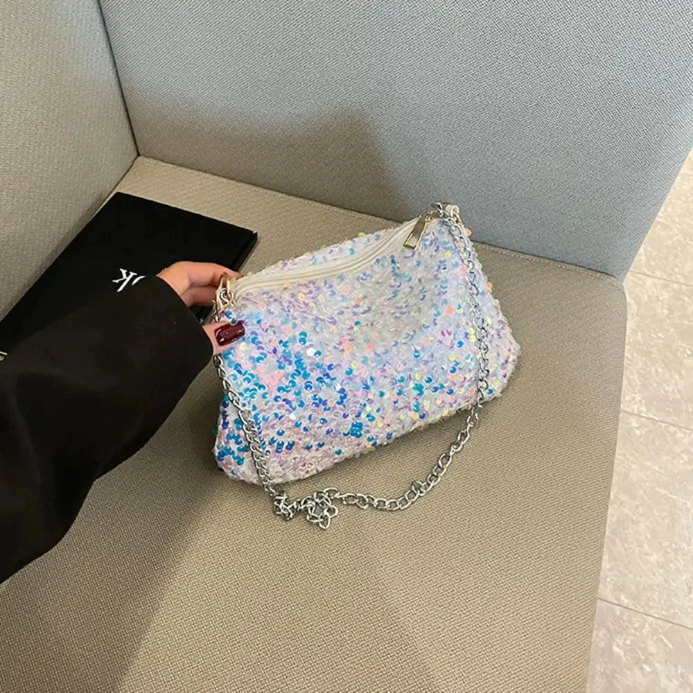 Solid Color Sequins Crossbody Bag Simple INS Chain Sequins Shoulder Bag Pocket Bag Phone Bag Small Square Bag Dinner Party