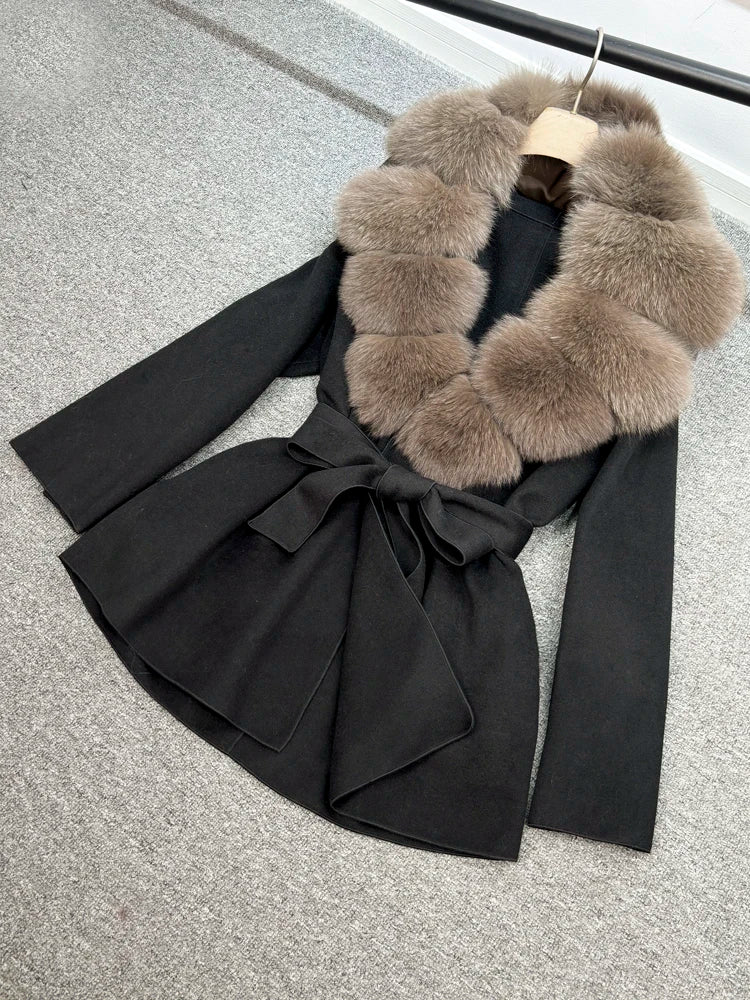 Janveny Wool Coat Women 2025 New Winter Autumn Cashmere Coats Luxury Real Fox Fur Collar Ladies Elegant Belt Design Outwear