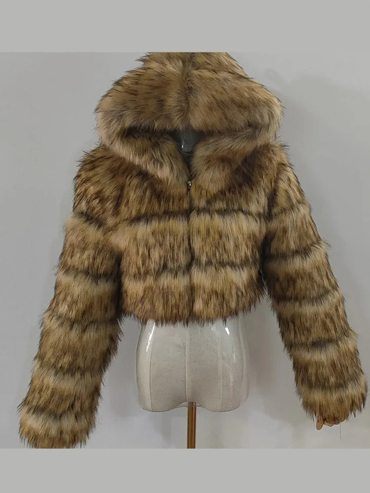 Solid Short Hooded Faux Fur Coat Women Chic Full Sleeve Zipper Cropped Loose Warm Coats Lady Winter Daily Highstreet Outerwears