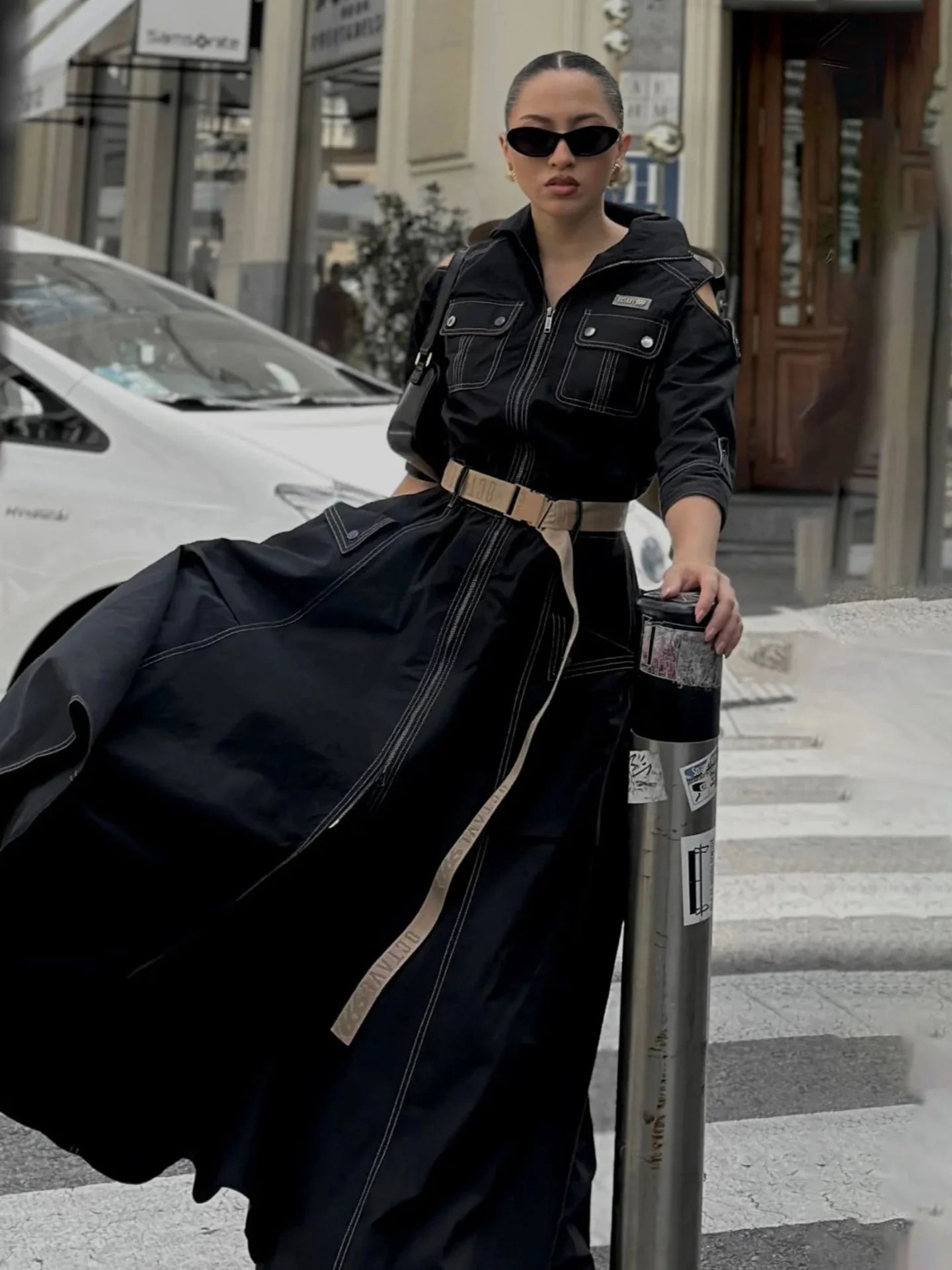 Cargo Dress for Women Vintage Zipper Fly Pockets Vintage High Street Cutout Shoulder Turn Down Collar with Belt Long Dresses