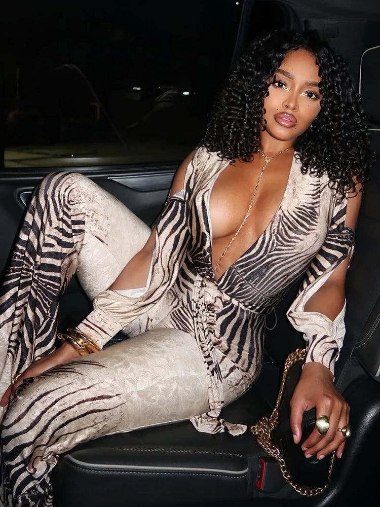Kliou Stripe Patchwork Flared Jumpsuit Woman Deep V-Neck Hollow Off Shoulder Full Sleeve High Street Sexy Fashion Style Overalls