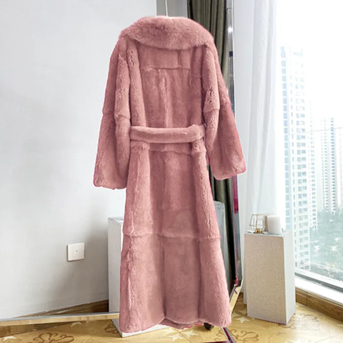 New Faux Fur Coat Women's Mid-Length Coat Fashion Loose Belly Covered Tide Sashes Winter Warm Outwear Solid Color