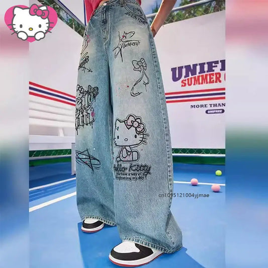 Streetwear Hello Kitty Wide Leg Pants Y2K Sanrio Jeans Women Vintage Blue Casual Loose Straight Trousers Cartoon Fashion Pants