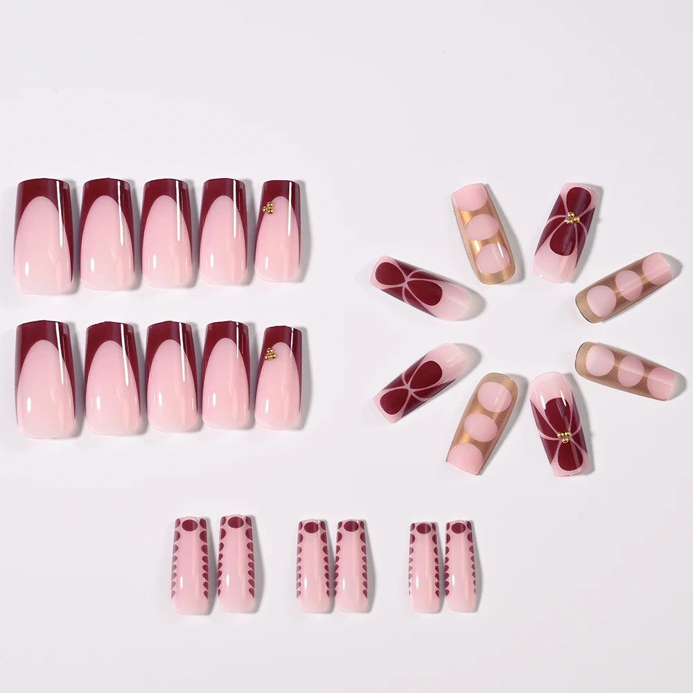 24Pcs Retro Flower Long Coffin French Fake Nails Caviar Bead Floral Gold Hollow Design Press On Nail Tips Y2k Acrylic False Nail