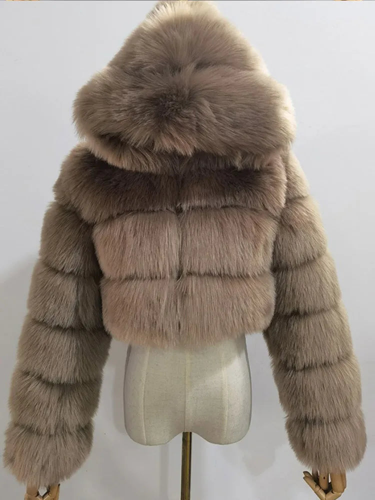 Solid Short Hooded Faux Fur Coat Women Chic Full Sleeve Zipper Cropped Loose Warm Coats Lady Winter Daily Highstreet Outerwears
