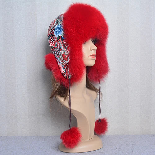 Winter Fur Hat for Women Hat with Ear Real Fox Fur Caps Russian Women Bomber Hats Bonnets Trapper Cap Camo Fox Hat Wholesale