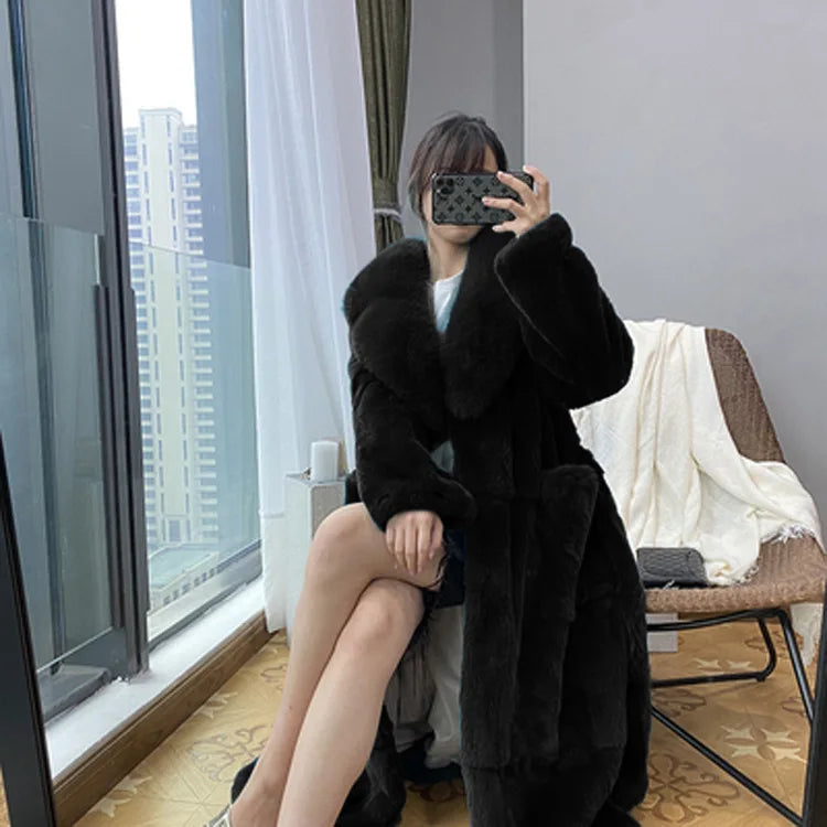 New Faux Fur Coat Women's Mid-Length Coat Fashion Loose Belly Covered Tide Sashes Winter Warm Outwear Solid Color