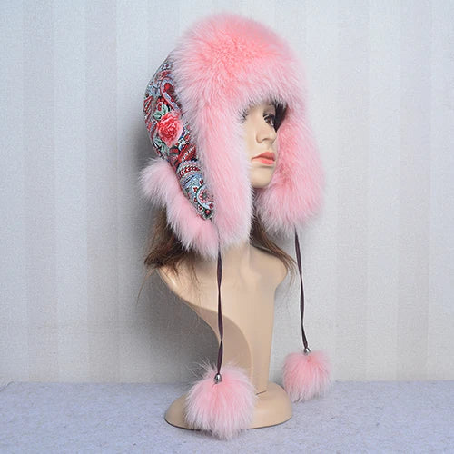 Winter Fur Hat for Women Hat with Ear Real Fox Fur Caps Russian Women Bomber Hats Bonnets Trapper Cap Camo Fox Hat Wholesale