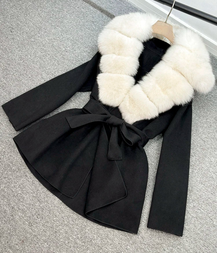 Janveny Wool Coat Women 2025 New Winter Autumn Cashmere Coats Luxury Real Fox Fur Collar Ladies Elegant Belt Design Outwear