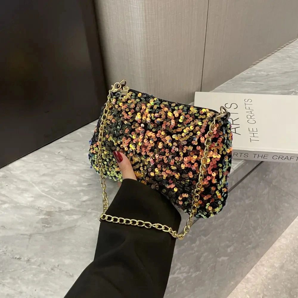 Solid Color Sequins Crossbody Bag Simple INS Chain Sequins Shoulder Bag Pocket Bag Phone Bag Small Square Bag Dinner Party