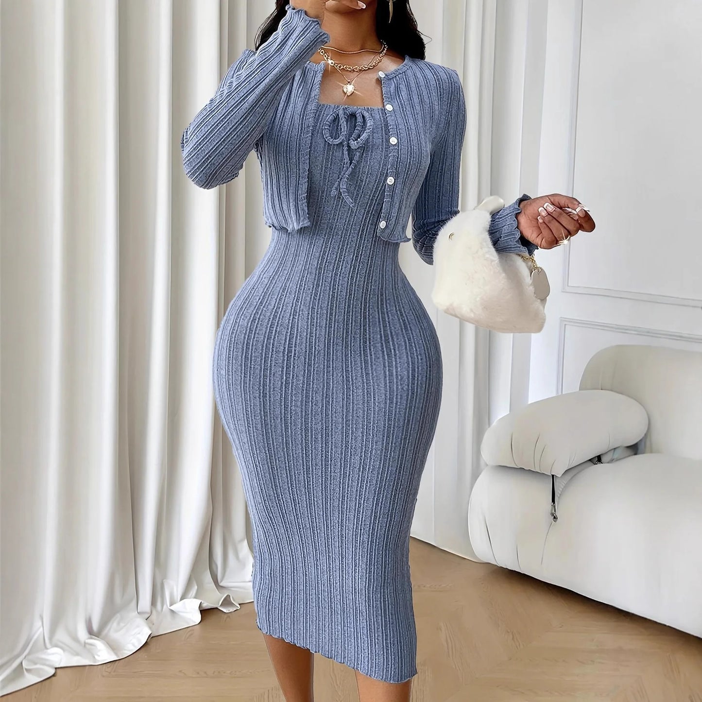Women's Tops Coat And Dress 2 Piece Set Suit New Fashion Slim Knitted Dress For Women Autumn And Winter Slim Hip Skirt Suits