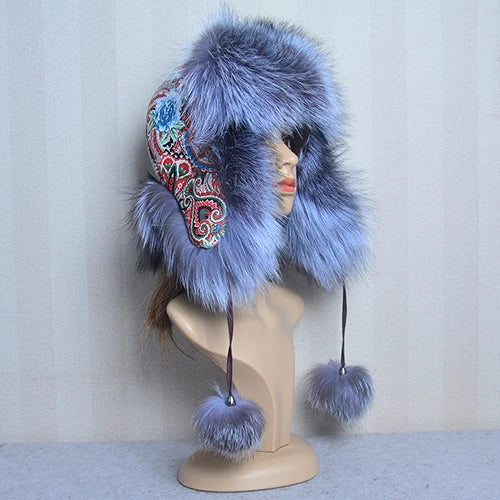 Winter Fur Hat for Women Hat with Ear Real Fox Fur Caps Russian Women Bomber Hats Bonnets Trapper Cap Camo Fox Hat Wholesale
