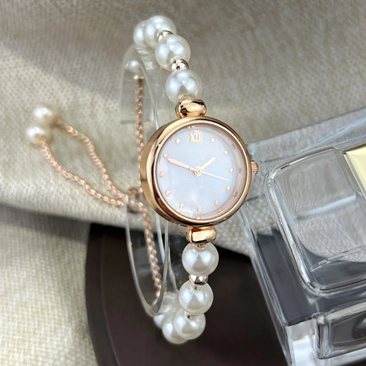 1pc Elegant Adjustable Pull-Out Alloy Strap with Imitation Pearl ,Comfortable Round Alloy Case Quartz Wrist Watch for Women