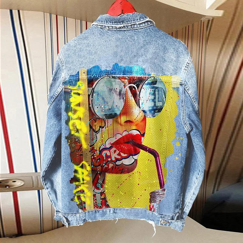 Women's Clothing 2024 Autumn New Hot Street Fashion INS Net Red Personality Sweet Love Girl Print Lapel Denim Jacket
