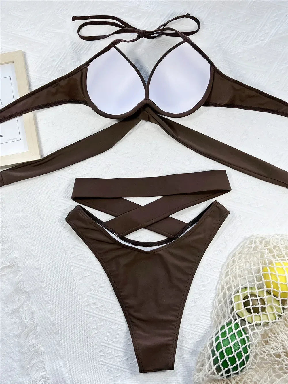 Black High Waisted Bikini Push Up Women String Halter Swimwear Cross Bandage Swimsuit Bathing Suit Brazilian Bikinis Sets 2025