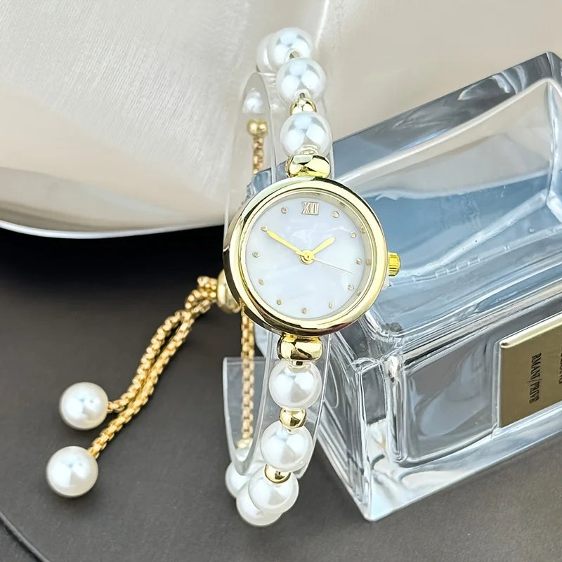 1pc Elegant Adjustable Pull-Out Alloy Strap with Imitation Pearl ,Comfortable Round Alloy Case Quartz Wrist Watch for Women