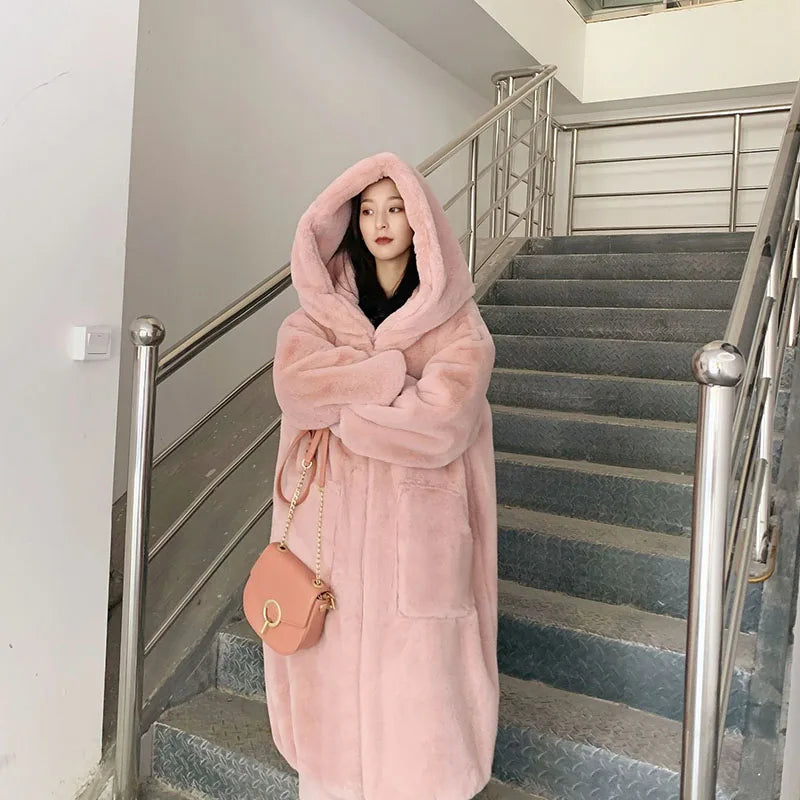Imitation Rex Rabbit Fur Women Fox Fur Coat 2025 New Winter Warm Hooded Fur Coat Faux Temperament Elegance Women For Coat H460