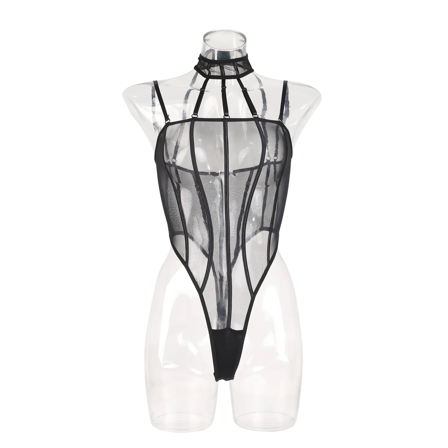 Sexy See-through Mesh Hanging Neck Bodysuits Women's Hollow Out Erotic Jumpsuits Slim Lingerie Bodyshaper Halter Onesie Bodysuit