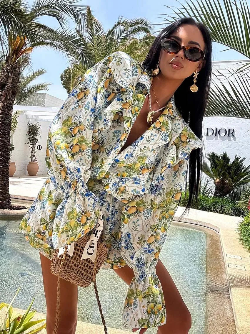Oymimi Elegant Pink Print 2 Pieces Set For Woman Fashion Lapel Long Sleeve Ruffled Button Shirts And High Waisted Shorts Sets