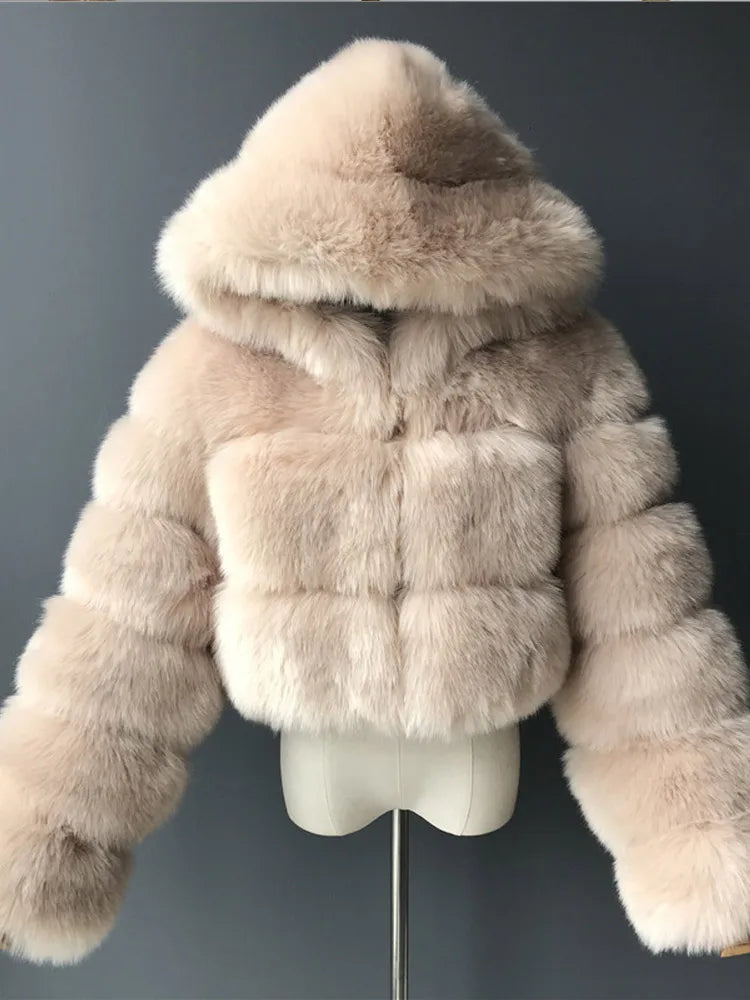 Solid Short Hooded Faux Fur Coat Women Chic Full Sleeve Zipper Cropped Loose Warm Coats Lady Winter Daily Highstreet Outerwears