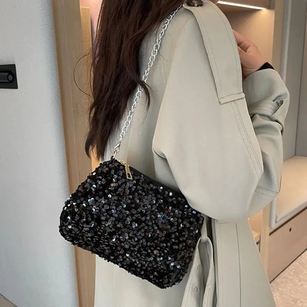 Solid Color Sequins Crossbody Bag Simple INS Chain Sequins Shoulder Bag Pocket Bag Phone Bag Small Square Bag Dinner Party