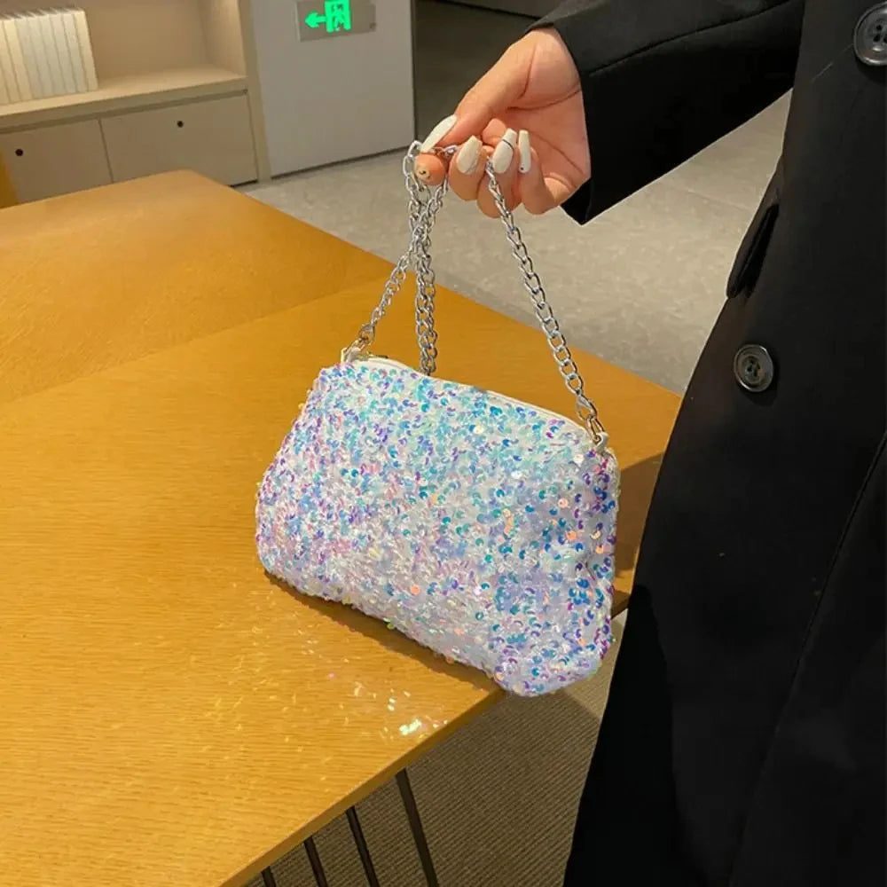 Solid Color Sequins Crossbody Bag Simple INS Chain Sequins Shoulder Bag Pocket Bag Phone Bag Small Square Bag Dinner Party