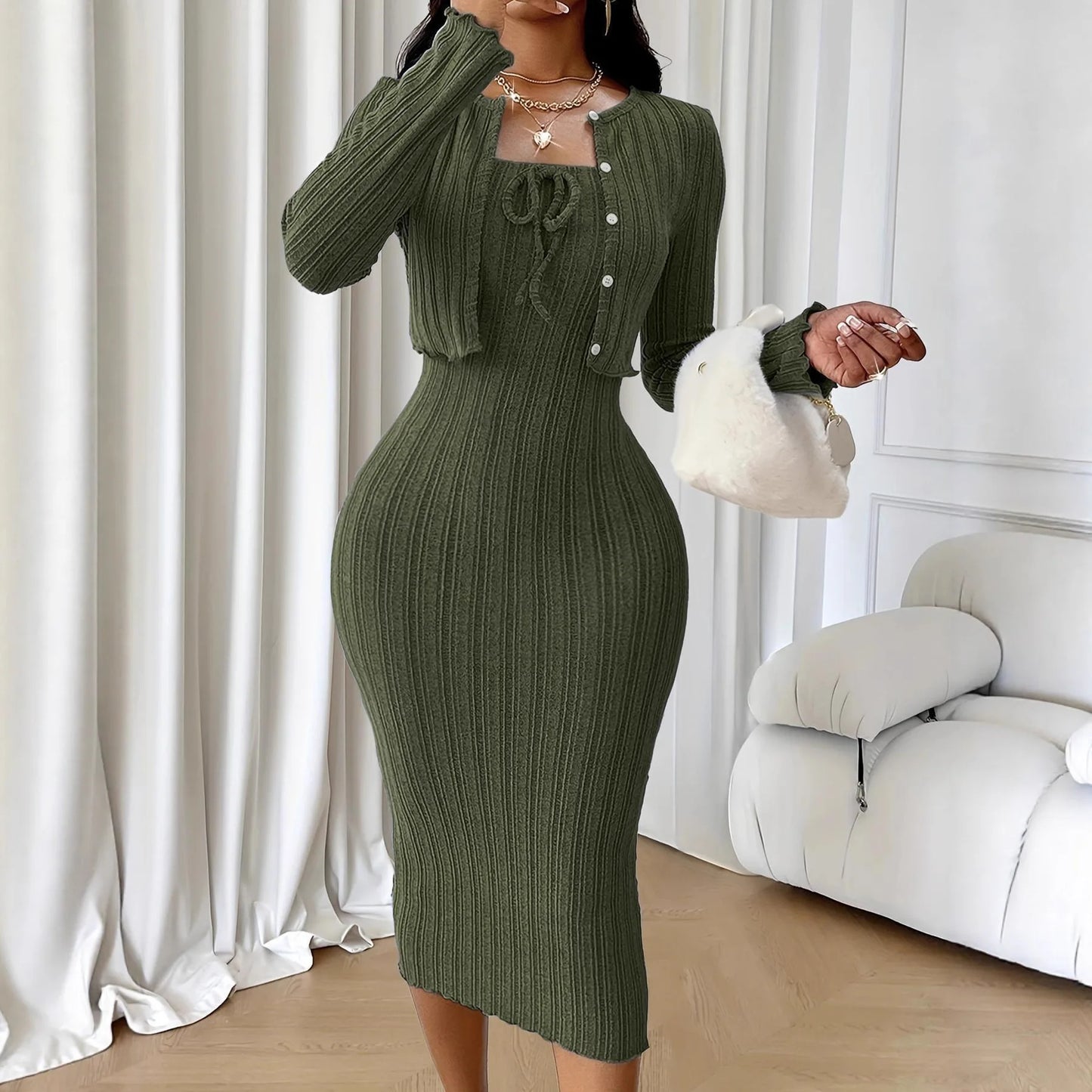 Women's Tops Coat And Dress 2 Piece Set Suit New Fashion Slim Knitted Dress For Women Autumn And Winter Slim Hip Skirt Suits