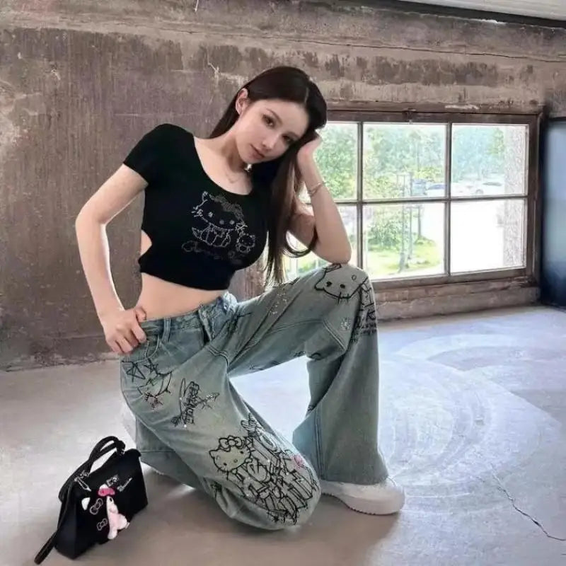 Streetwear Hello Kitty Wide Leg Pants Y2K Sanrio Jeans Women Vintage Blue Casual Loose Straight Trousers Cartoon Fashion Pants