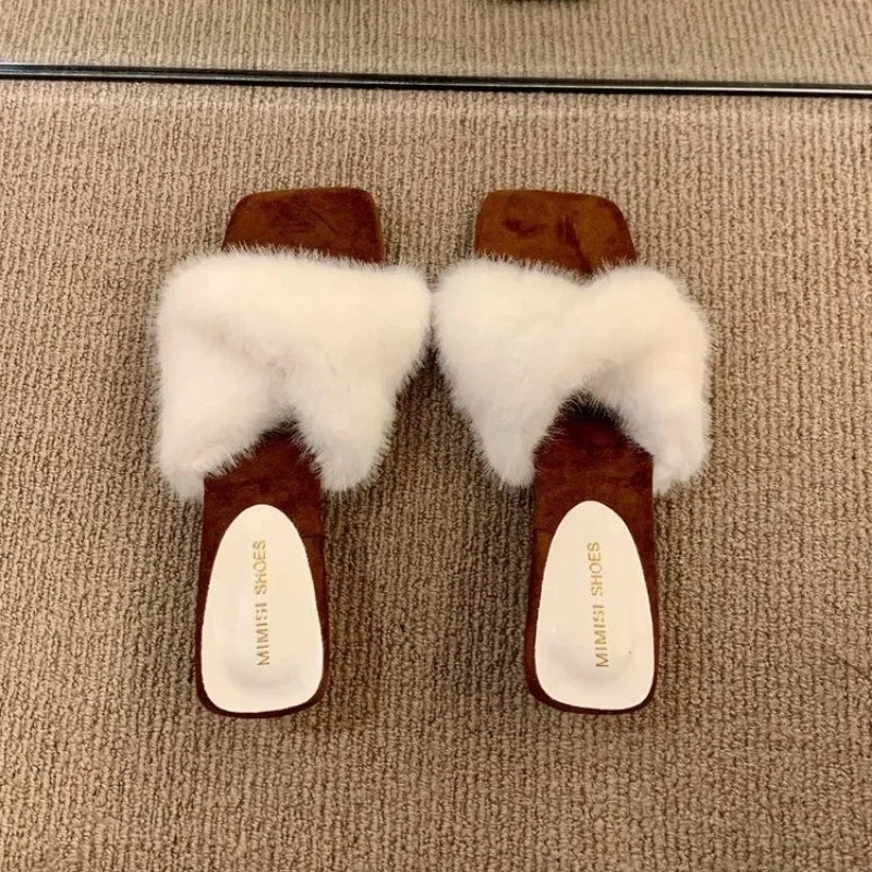 2025 New High Heel Temperament Fuzzy Slippers Autumn and Winter Square Toe Block Heel Women's Cotton Mops