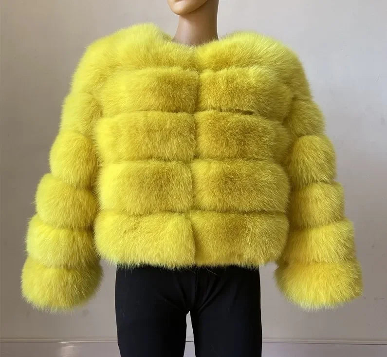 Faux Fur Women Coats Solid Round Neck Full Sleeve Coat Thick Warm Fox Short Open Stitch Elegant Splice Autumn Winter 2024
