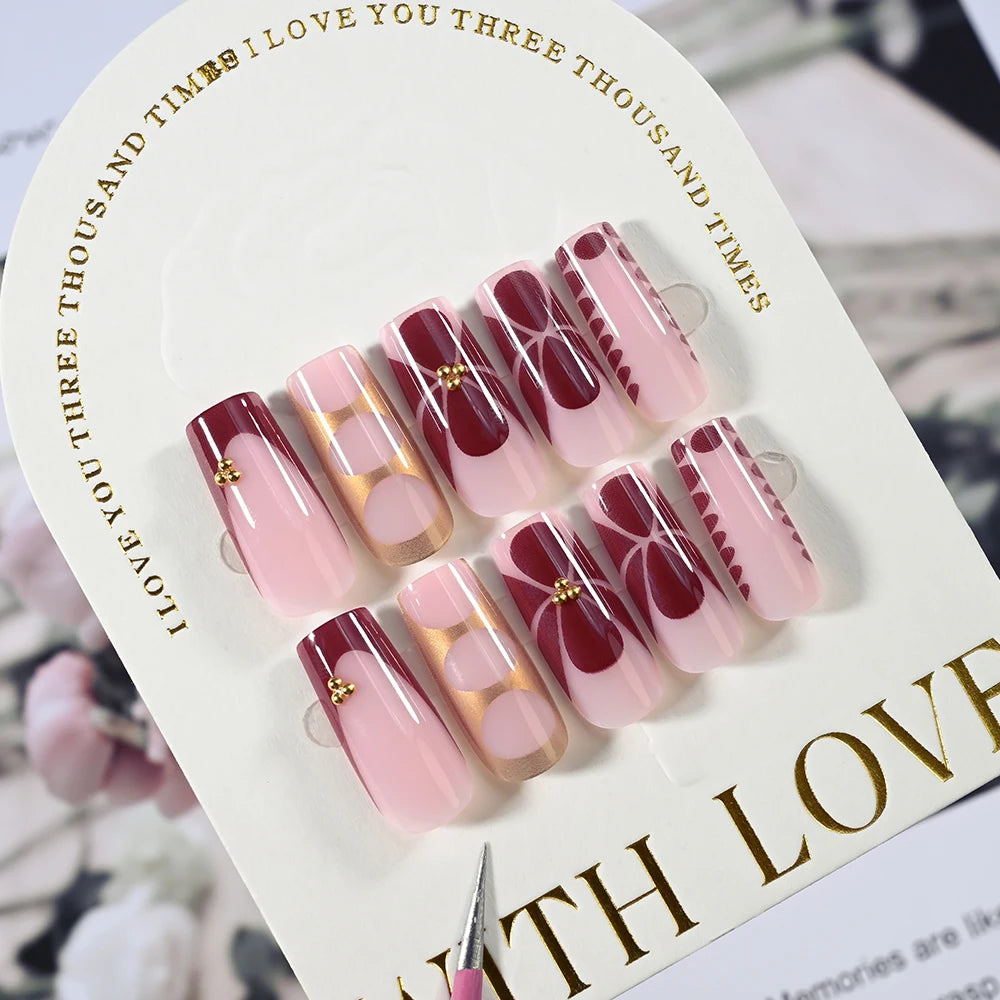 24Pcs Retro Flower Long Coffin French Fake Nails Caviar Bead Floral Gold Hollow Design Press On Nail Tips Y2k Acrylic False Nail