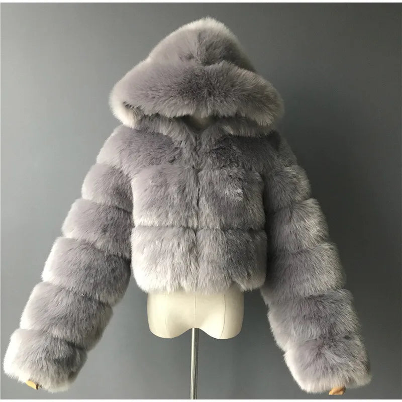 Solid Short Hooded Faux Fur Coat Women Chic Full Sleeve Zipper Cropped Loose Warm Coats Lady Winter Daily Highstreet Outerwears
