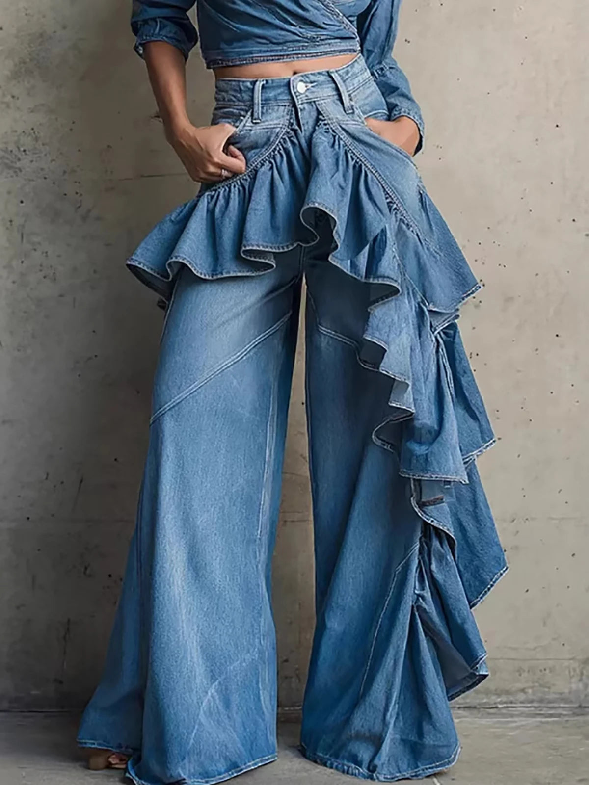 Women's Fashionable Blue Ruffle Wide Leg Jeans High Waist Asymmetrical Fringe Denim Pants Chic Streetwear Vintage Female Jeans