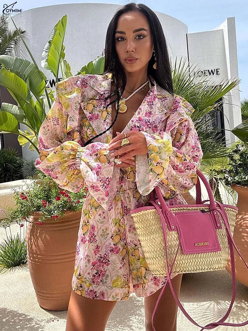 Oymimi Elegant Pink Print 2 Pieces Set For Woman Fashion Lapel Long Sleeve Ruffled Button Shirts And High Waisted Shorts Sets