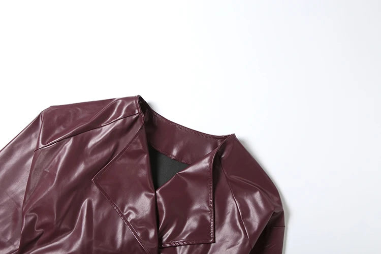 Sisterlinda Faux Leather Single Button Crop Jacket Women Autumn Trend Cross Neck Full Sleeve Wild Style Classic Streetwear Coat