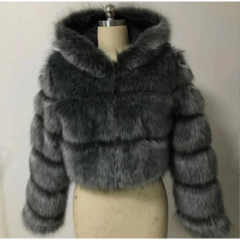 Solid Short Hooded Faux Fur Coat Women Chic Full Sleeve Zipper Cropped Loose Warm Coats Lady Winter Daily Highstreet Outerwears