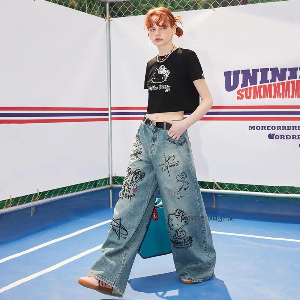 Streetwear Hello Kitty Wide Leg Pants Y2K Sanrio Jeans Women Vintage Blue Casual Loose Straight Trousers Cartoon Fashion Pants