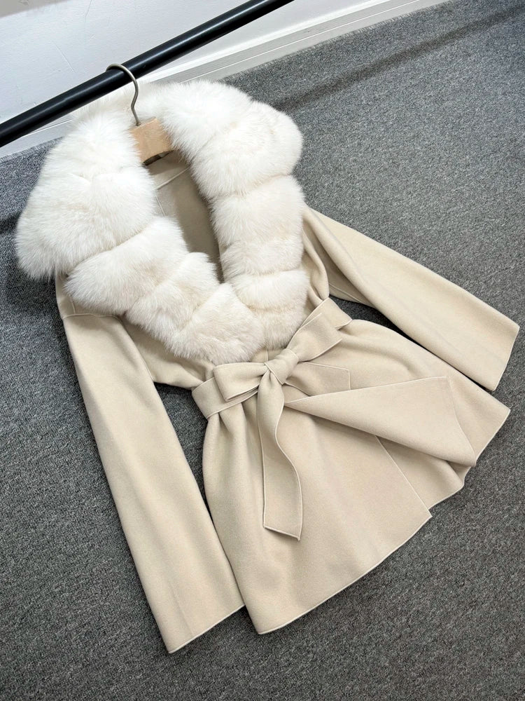 Janveny Wool Coat Women 2025 New Winter Autumn Cashmere Coats Luxury Real Fox Fur Collar Ladies Elegant Belt Design Outwear
