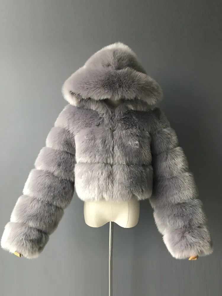 Solid Short Hooded Faux Fur Coat Women Chic Full Sleeve Zipper Cropped Loose Warm Coats Lady Winter Daily Highstreet Outerwears